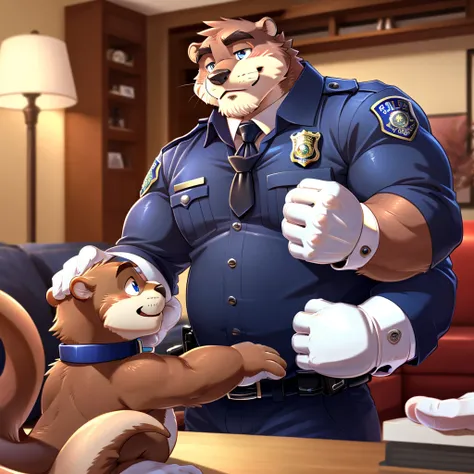 Scribble Otter face,Humanity(Otter),Chubby,( eyebrows:1.1),(Perfect eyes), smooth skin，（artist:Takemoto Arashi），Living room background，（Leather Collar:1.3），(White Gloves:1.3) (Cufflinks:1.3) paw，（beard:1.3），（Police Uniform:1.3）。