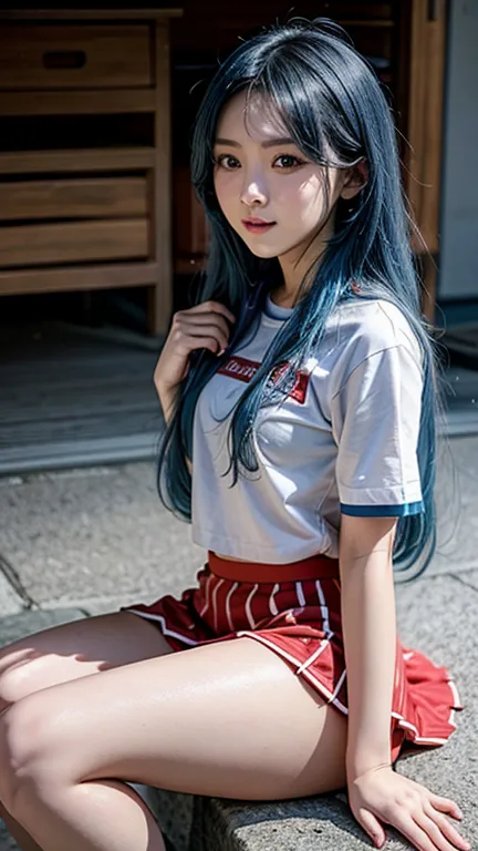 Asian girl with long blue hair cheerleader in red and white outfit with short skirt