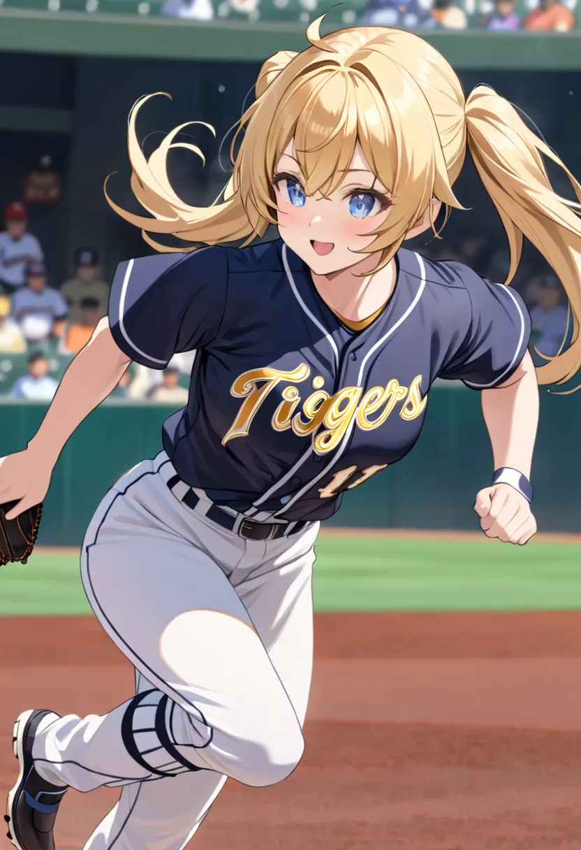 Highest quality,masterpiece,Blonde with blue eyes、Hanshin Tigers,uniform,Baseball player,Stolen base from 1st base to 2nd base,steele,base running,(koshien BaseballStadium1.1),Beautiful breasts、Twin tails、Girl&#39;s cute eyes,enjoy,