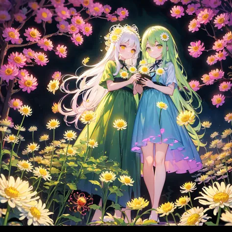  masterpiece、smile、 anime girl with long white hair, dark green hair、可愛い anime girl with long white hair、smile、((chrysanthemum))、many chrysanthemum、 fractal art、Gwaiz、 pool、garden、Flower garden、Red butterfly, black light、 neon color palette 、