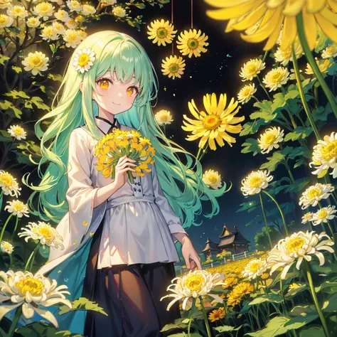  masterpiece、smile、 anime girl with long white hair, dark green hair、可愛い anime girl with long white hair、smile、((chrysanthemum))、many chrysanthemum、 fractal art、Gwaiz、 pool、garden、Flower garden、Red butterfly, black light、 neon color palette 、