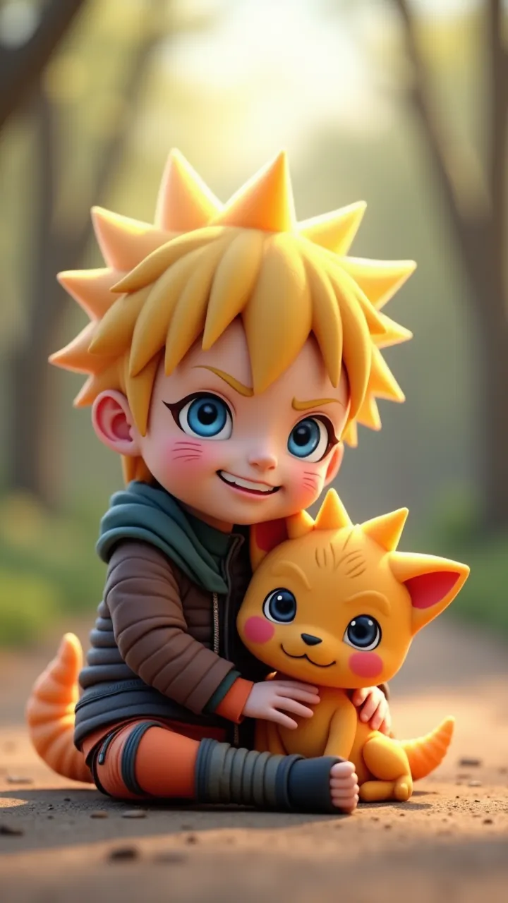 Cute naruto from film naruto, 3D, realistic, preety face, with chibi kyubi, chibi caracter.