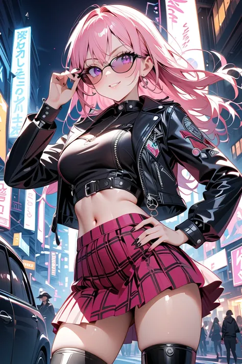 1 girl, masterpiece,  high resolution, accurate,  high detail, standing, 
"long pink-haired high school girl, sharp and confident gaze, tanned skin, stylish and cool outfit, wearing a sleek black leather jacket over a cropped top, high-waisted skinny jeans...