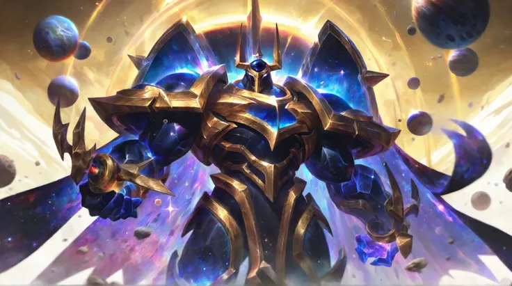 best aesthetic, lolsplashart, Mordekaiser, Cosmic skin, Light Galaxy, Blue Starlight, league of lgends,body composed of galaxies,galaxy body,god like body,musclar body,final boss,golden attire,standing,white background,galaxies swirling inside body,cape