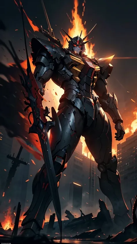 A dramatic yaoi-style illustration featuring a powerful, battle-worn Gundam Barbatos standing amidst a war-torn city. The background is engulfed in chaos, with towering skyscrapers crumbling, fire raging, and thick dust filling the air. The mech holds a ma...