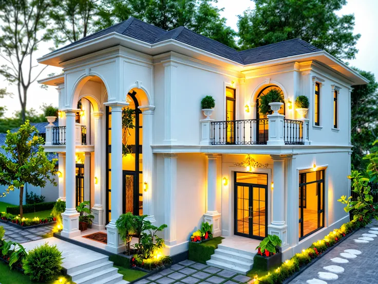 neo classical villa on street, (sunset), tropical tree, vivid colour, streetcapes, black detail, white wall, large glass door, warm interior lighting, wood and marble, best quality,