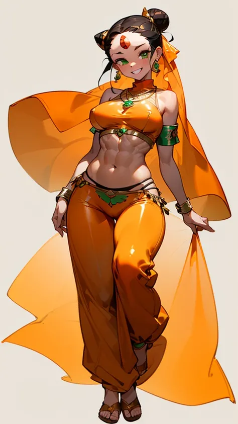 The image shows (((a young woman))), (((tall woman))), wearing ((((((an orange outfit)))))) with (((gold and red details))), dark skin, (((green eyes))), half-closed eyes, ((large breasts)), (thick thighs), (((mischievous smile))), (((teeth))), her costume...