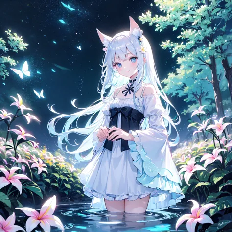  best detail、 best quality、 Supreme Masterpiece、 super detailed、 High precision、 masterpiece、smile、 anime girl with long white hair, dark green hair、可愛い anime girl with long white hair、smile、((Plumeria))、many chrysanthemum、 fractal art、Gwaiz、 pool、garden、F...