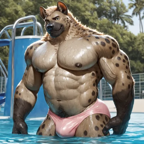 furry male, solo, bara, bare pectorals, biceps, detailed fur, hyena boy, older, looking at viewer, huge bodybuilder, (slightly chubby:0.75), muscular male, nipples, veins, big pectorals, big butt, standing, ((topless, light pink speedo, detailed speedo, th...