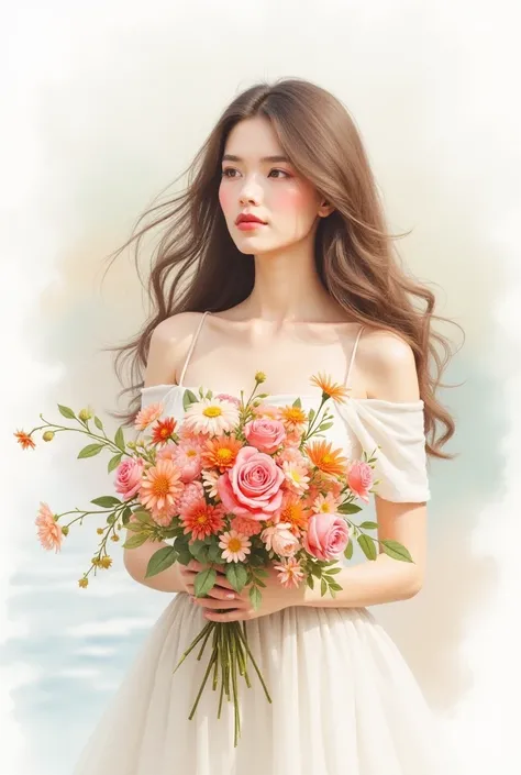 Illustration style watercolor painting, beautiful woman with long hair holding a bouquet