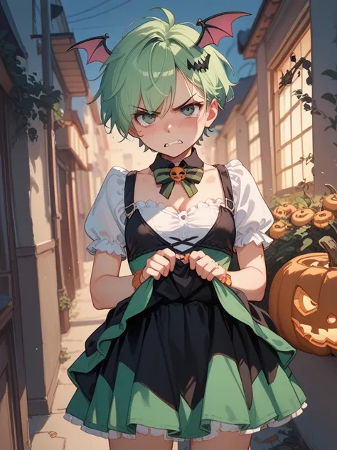 Very angry   , a girl, Alone, blush,  short hair,  green hair,  frowns , angry,Halloween costume, cuerpo completo, asking for candy,  lift skirt ,