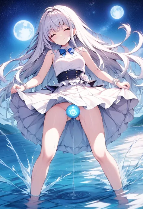 By the lake、 in the water 、Clothes、Get wet with water、On bare skin、Sticking、Very transparent 、Rin々Shiny girl has 、Wet hair、 has slightly red cheeks 、 eyes closed 。 she says 、It's a pure white sleeveless two-piece, and 、 wears a long white skirt 。 pick the ...