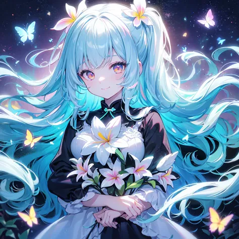  best detail、 best quality、 Supreme Masterpiece、 super detailed、 High precision、 masterpiece、smile、 anime girl with long white hair, dark green hair、可愛い anime girl with long white hair、smile、((Plumeria))、many chrysanthemum、 fractal art、Gwaiz、 pool、garden、F...