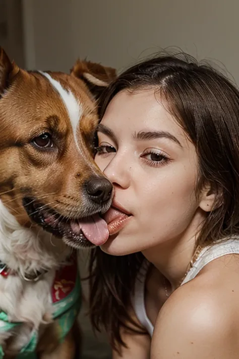 brown-haired,white-skinned,dog licking food from hair,dog licking,dog licking