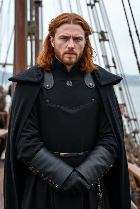 Medieval man with red-haired orange hair with waves, clear eyebrows, freckled, padded square face. sharp green eyes, beard, Targaryen black medieval costume , Wearing black gloves, he is standing on the bow of an ancient medieval ship, hands folded in his ...