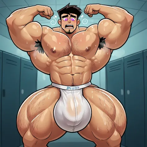 
back shot, (from below:1.3),(looking down, watching at Viewer:1.3), score_9, score_8_up, score_7_up, score_6_up, score_5_up, two boys, Danny Phantom, source_anime, very manly face, beefy body and Powerful Biceps, hyper muscles, Danny Fenton breathing hypn...