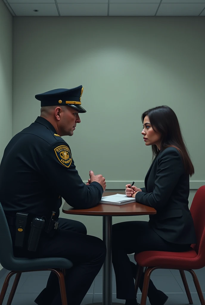 An image of a US police officer questioning a woman for CBP ONE, Sitting a little apart 