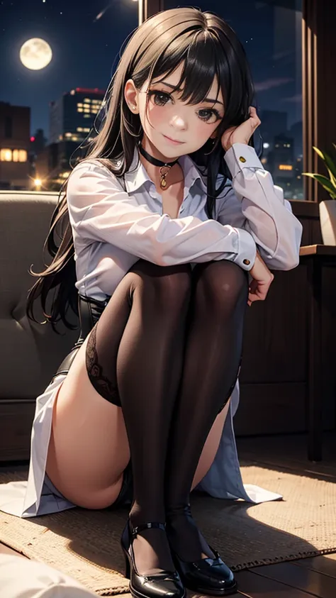  a young girl sitting on the floor with her legs crossed and her head crouched in pain, hugging her knees,  She is very tired ,  Sitting on the floor on bent knees  , pretty face,  tender look, slight smile,  long black hair,  detailed eye comforter,  blac...