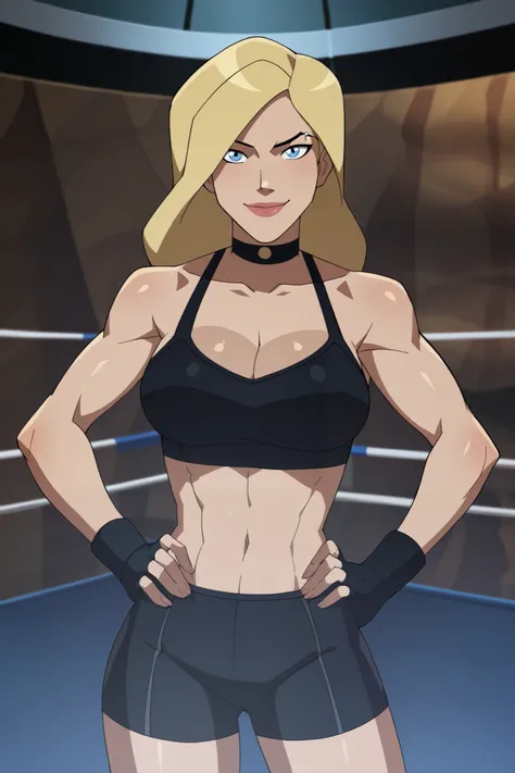 score_9, score_8_up, score_7_up, source_cartoon,black canary, blue eyes, blonde hair, long hair, large breasts, black boxing shorts , black boxing gloves, black sports bra, choker, cleavage, bare shoulders,  BREAK standing, looking at viewer, smiling, clos...