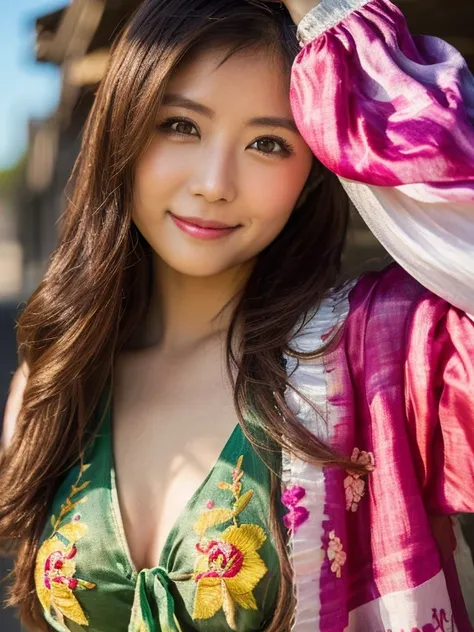 8k, best quality,  masterpiece,   super high resolution , ( by Nomi:1.4),  RAW Photo, (  real skin texture  :1.3), ( film grain with silk embroidery:1.3),  one Japanese girl,  brown hair,  beautiful,(Tie dye bikni ),(Shy smile), (from below:1.3）, (looking ...