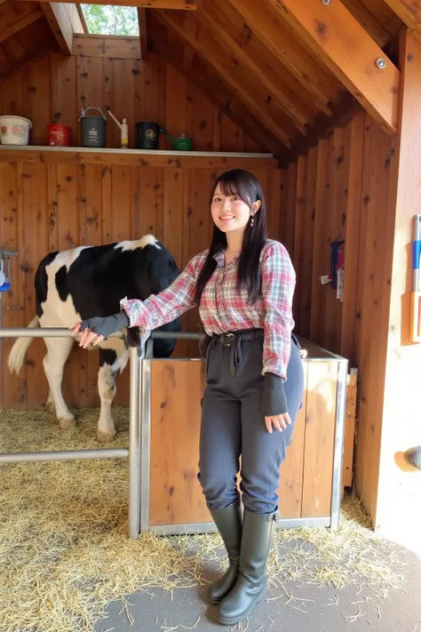 "A Japanese woman in her 30s wearing practical farming clothes, such as a plaid shirt, work gloves, and rubber boots, is caring for a cow inside a wooden barn. The cow is standing calmly in a clean, straw-covered stall. The barn interior features wooden be...