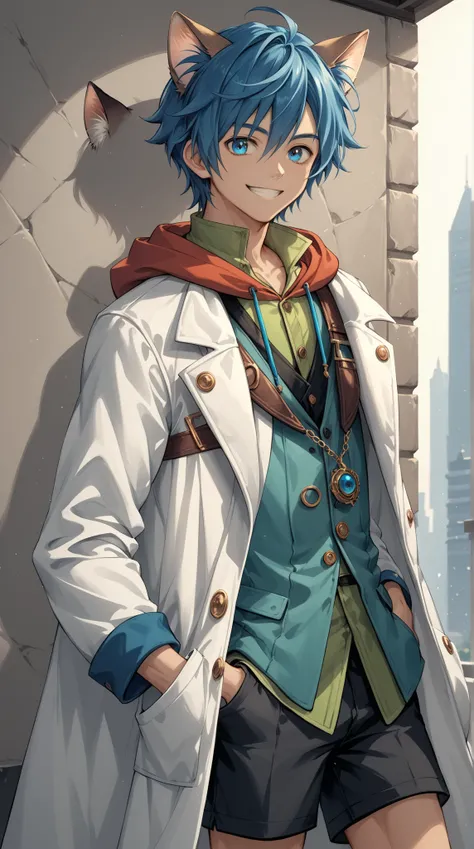 【レオン,score_9, score_8_up, source_anime, highly detailed, slender, skinny, cute,leon,, animal ears, male focus, solo, blue hair. blue eyes, upper body,cat ears, shorts, coat, white coat, hood, vest, green vest, hand in pocket,smile,indoor,】hyper muscle