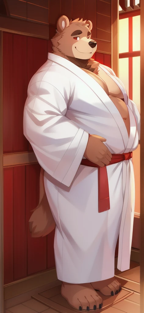 Solo , Tall male , Big body , Position, Standing , Miko shrine , bear grizzly, White Kimono Shirt Miko Red Kimono Pants Miko, Overweight , Muscular Band, Smile, Written by Chuni