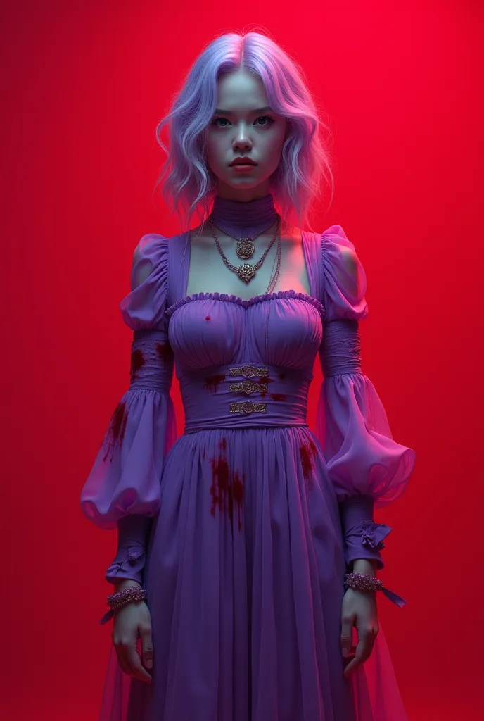  A Young Woman with Lilac Hair , with her clothes all purple ,  and the clothes with blood on the Red background