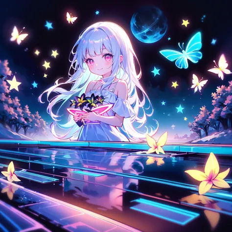  best detail、 best quality、 Supreme Masterpiece、 super detailed、 High precision、 masterpiece、smile、 anime girl with long white hair, dark green hair、可愛い anime girl with long white hair、smile、((Plumeria))、many chrysanthemum、 fractal art、Gwaiz、 pool、garden、F...