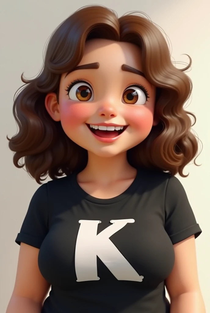 woman disney style,  chubby girl, White color, medium and wavy medium brown hair, Smiling face open mouth, brown eyes with rectangle eyes,White color, Clothes black t-shirt with the letter K on the front of the shirt