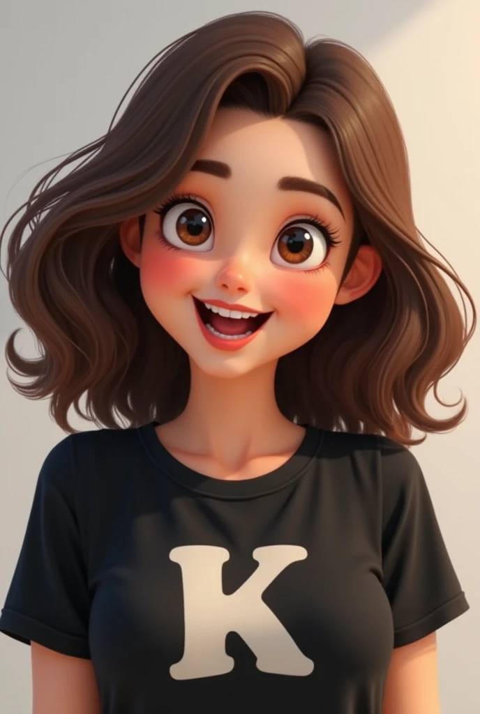 woman disney style,  chubby girl, White color, medium and wavy medium brown hair, Smiling face open mouth, brown eyes with rectangle eyes,White color, Clothes black t-shirt with the letter K on the front of the shirt