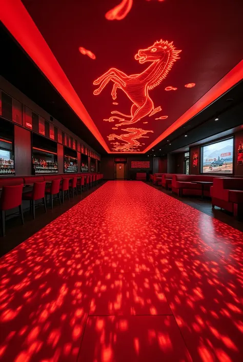 La imagen muestra el interior del Scuderia Nightclub by Ferrari en todo su esplendor. En el centro, destaca la pista de baile "Speed Tunnel": un espacio donde el suelo es un mosaico interactivo de luces LED que simulan una pista de carreras en movimiento, ...