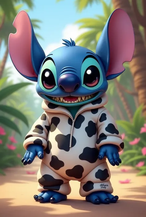 Stitch qui porte un onepiece de vache 