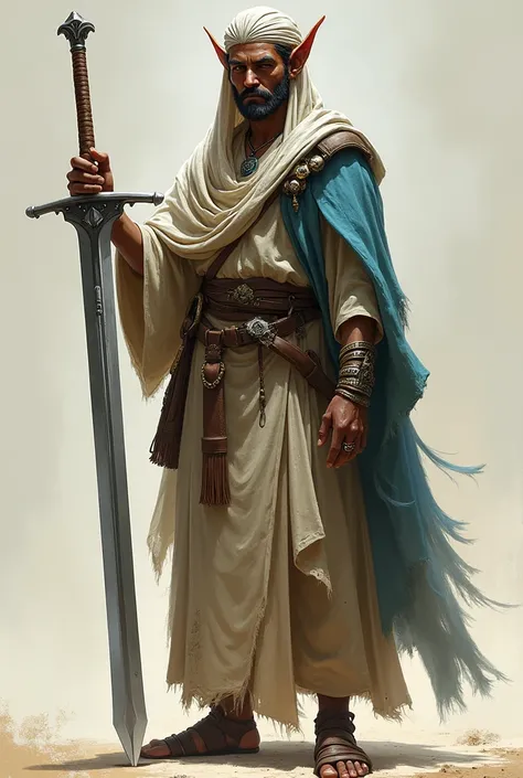 legolas, with gills,  brown skin, Navy blue vitiligo spots, Dressed like an Arab, carrying a two-handed sword , RPG D&d