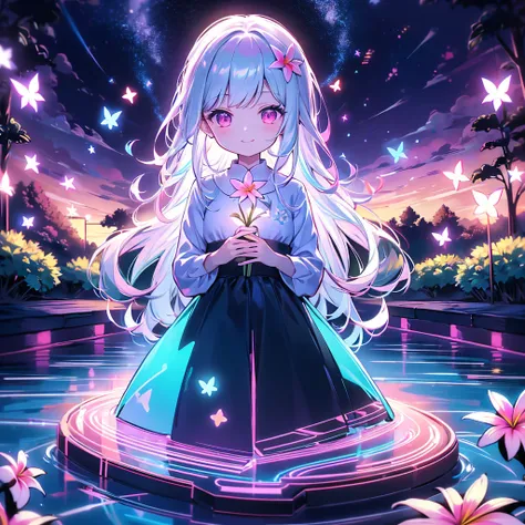  best detail、 best quality、 Supreme Masterpiece、 super detailed、 High precision、 masterpiece、smile、 anime girl with long white hair, dark green hair、可愛い anime girl with long white hair、smile、((Plumeria))、many chrysanthemum、 fractal art、Gwaiz、 pool、garden、F...