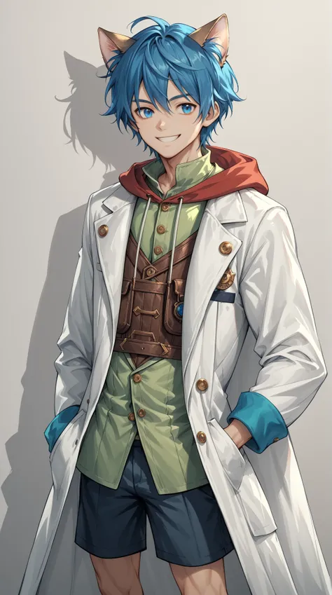 【レオン,score_9, score_8_up, source_anime, highly detailed, slender, skinny, cute,leon,, animal ears, male focus, solo, blue hair. blue eyes, upper body,cat ears, shorts, coat, white coat, hood, vest, green vest, hand in pocket,smile,indoor,】hyper muscle