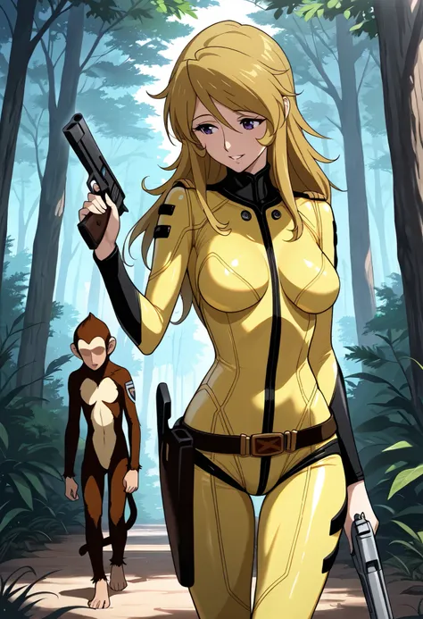 (masterpiece, best quality), , 1girl, fyuk1, solo, mori yuki, blonde hair, purple eyes, long hair, yellow_bodysuit , a relieved face, smile, parted lips, looking away, head down, outdoor, day, forest, walking, gun, holding gun, hand up, 1girl, 1boy...
