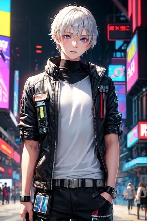 silver flat short hair，Blue Eyes， pretty boy，Near future，Cyberpunk style，Artificial Human