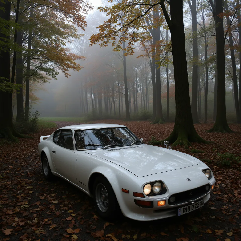 ultra detailed, absolutely resolution, masterpiece.  
white Toyota 2000GT, vintage sports car, in the woods. 
wonderland worldview. various colorful iridescent foggy glitter effects