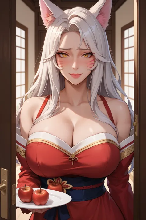 Score_9, Score_8_up, Score_7_up, Score_6_up, Score_5_up, Score_4_up, Tag1, Tag2, Quality_masterpiece, nsfw, Busty, wear only sexy red dress, casual dress, Ahri alike, Anatomically correct, Beautiful face, Perfect face, standing in hallway door entrance, op...