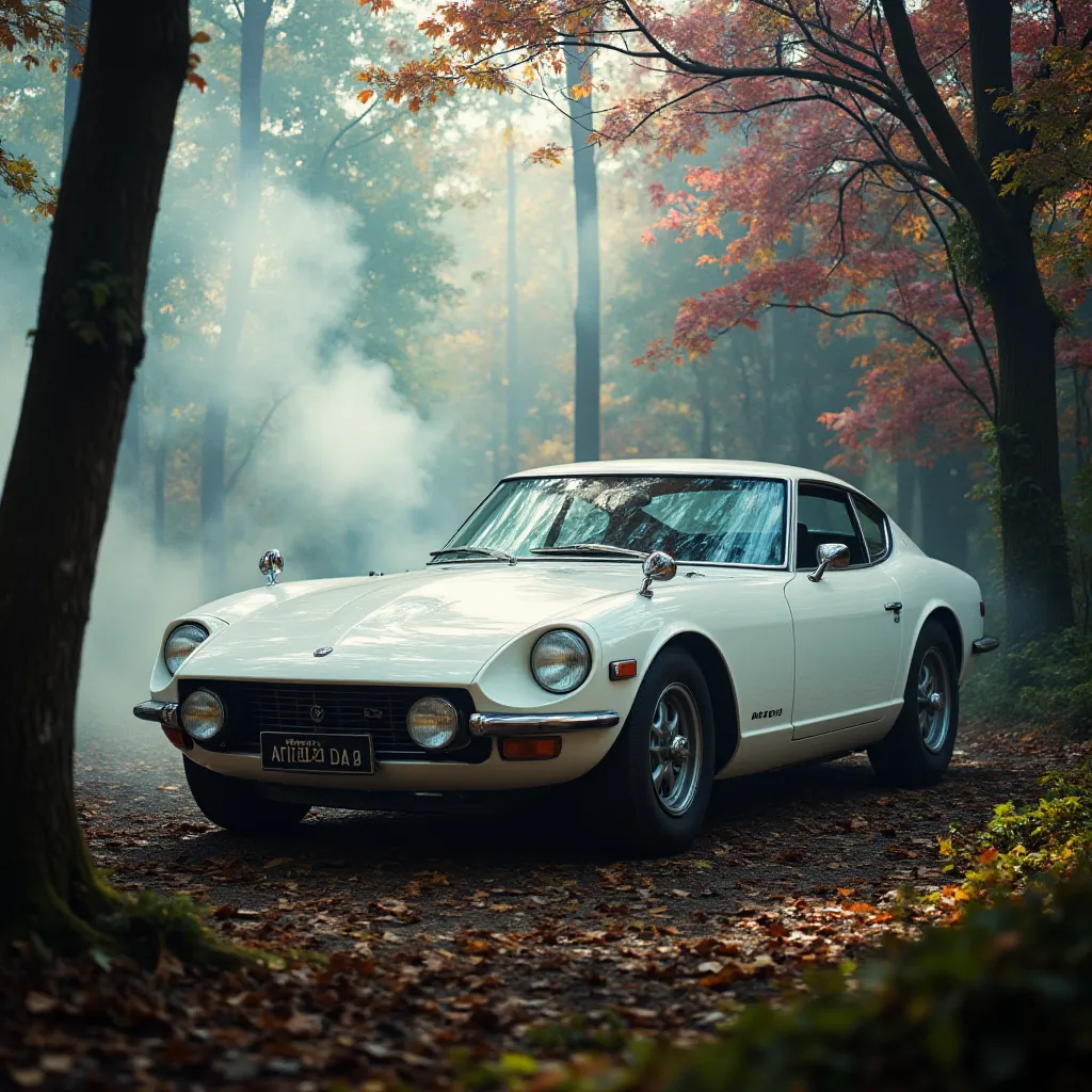 ultra detailed, absolutely resolution, masterpiece.  
white Toyota 2000GT, vintage sports car, in the woods. 
wonderland worldview. various colorful iridescent foggy glitter effects