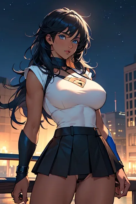 (( the best quality)), (( Super masterpiece)), ( ultra detailed), 1 woman, ((wearing a superhero outfit)), ((cabello rubio)), (( blue eyes)), ((tanned tea )), (( big breasts)), (( big breasts)), (( neckline )), (( miniskirt)), ((Black panties)), (( Flying ...