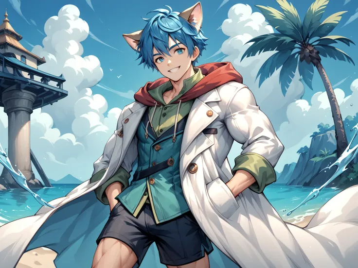 【Leon,score_9, score_8_up , source_anime, highly detailed, slender, skinny, cute,leon,, animal ears, male focus, Alone, blue hair.  blue eyes, up per body,cat ears, shorts, coat, white coat, hood, vest, green vest, hand in pocket,smile,indoor,】hyper muscle...