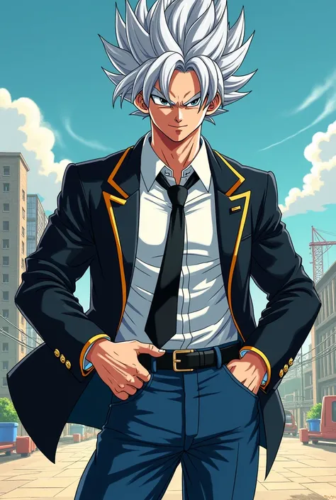 Goku wearing a black jacket with gold trim and with a white shirt and jeans and black tie dbs cartoon style with silver hair 