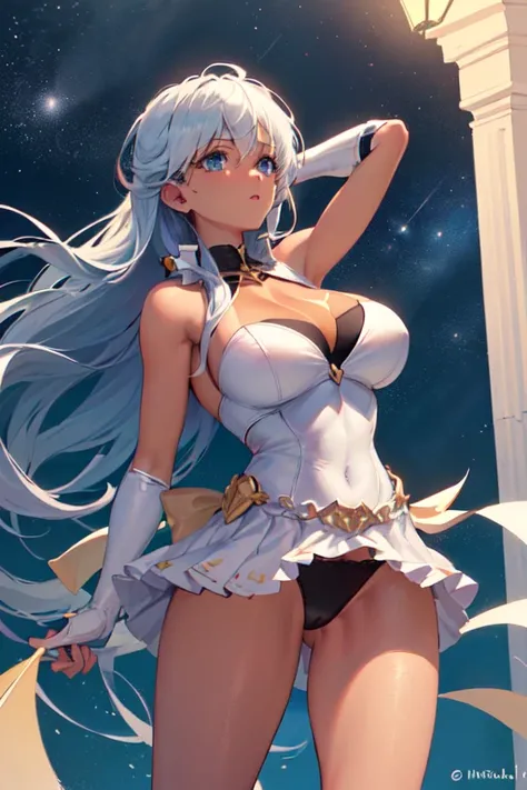 (( the best quality)), (( Super masterpiece)), ( ultra detailed), 1 woman, ((wearing a superhero outfit)), ((cabello rubio)), (( blue eyes)), ((tanned tea )), (( big breasts)), (( big breasts)), (( neckline )), (( miniskirt)), ((Black panties)), (( Flying ...