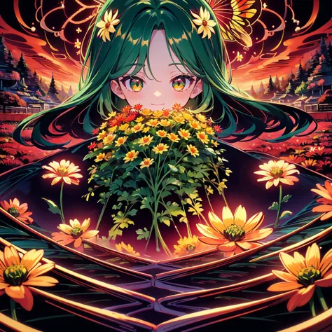 masterpiece, best quality, high quality, detailed, ultra detailed, hyper detailed, insanely detailed, exquisite, beautiful, Full-HD, highres, absurdres, anime girl, smiling, dark green hair, cute, lots of chrysanthemums, fractal art, gwize, flower garden, ...