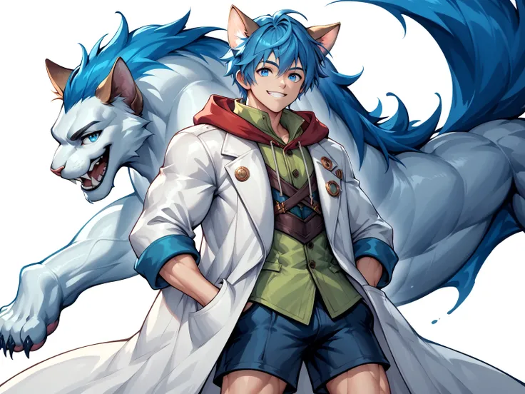 【Leon,score_9, score_8_up , source_anime, highly detailed, slender, skinny, cute,leon,, animal ears, male focus, Alone, blue hair.  blue eyes, up per body,cat ears, shorts, coat, white coat, hood, vest, green vest, hand in pocket,smile,indoor,】hyper muscle...