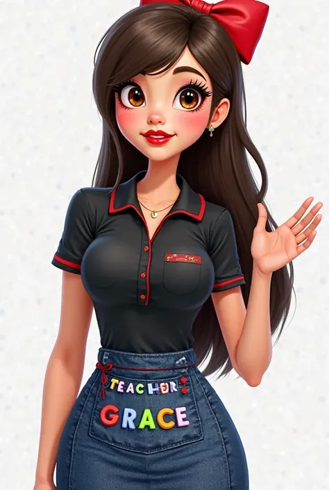  Slim-built teacher with black polo shirt and red lines on the sleeves ,with a large red ribbon on long straight hair without dark brown bangs ,  with large round dark brown eyes and long eyelashes,  has big, thick red lips and wears a blue jean-style scho...