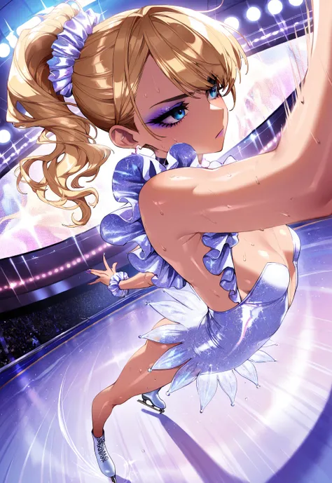 (sfw:1.5), makeup gyaru, cool beauty, solo girl, light skin, fairy_wing, glitter white costume, figure_skating, gold hair, high side ponytail, slender, small breast, serious, perspective, from side, motion lines, sweat, fisheye,motion blur,