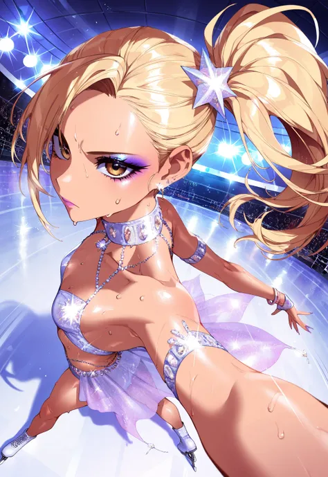 (sfw:1.5), makeup gyaru, cool beauty, solo girl, light skin, fairy_wing, glitter white costume, figure_skating, gold hair, high side ponytail, slender, small breast, serious, perspective, from side, motion lines, sweat, fisheye,motion blur,